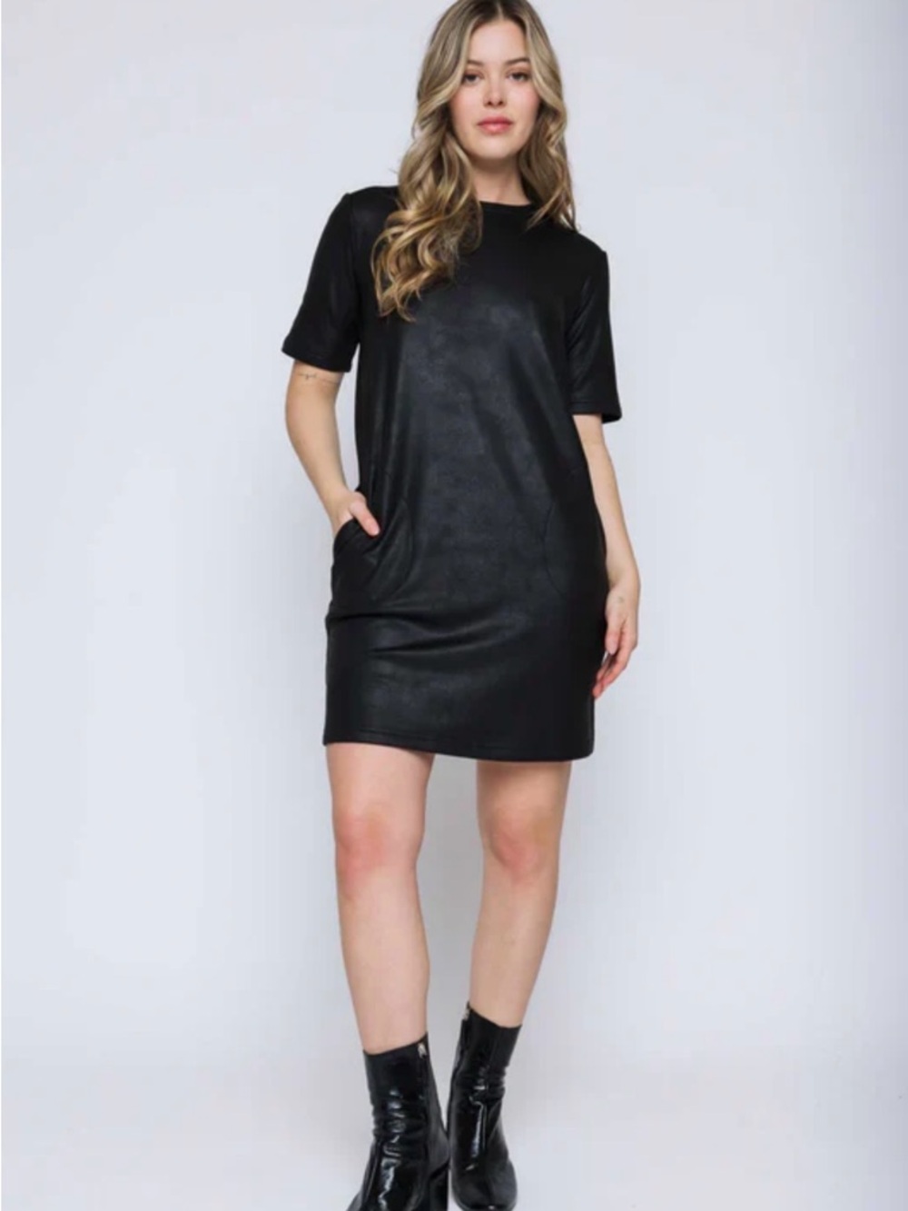 Faux Leather Black Short Sleeve Mini Dress